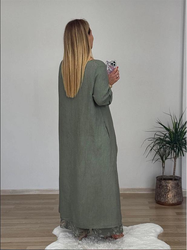 2025 Women's Casual Cotton Linen Irregular Top & Wide-Leg Pants Set with Pockets