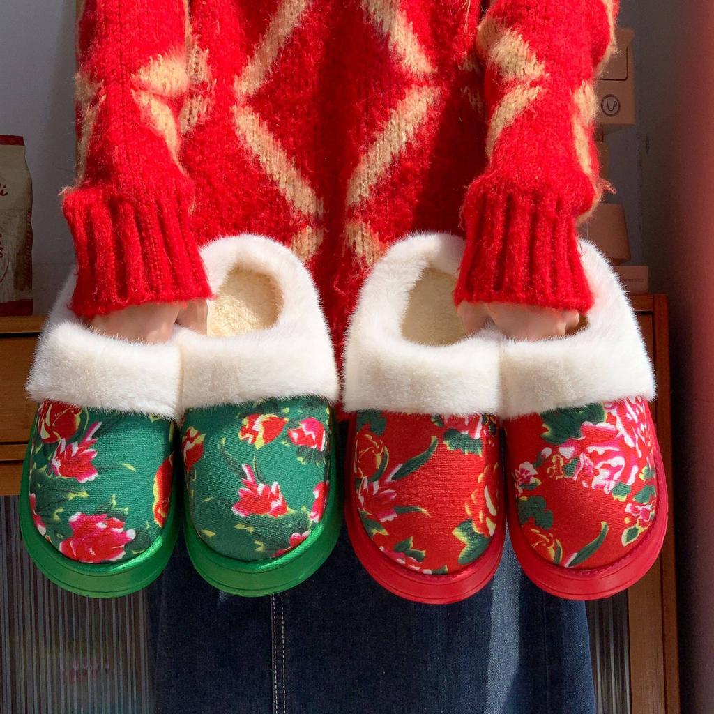 Northeast Big Flower Padded Jacket Wind Warm Cotton Slippers Winter Velvet Warm Non-slip Thick Bottom Home Indoor Plush Cotton Shoes