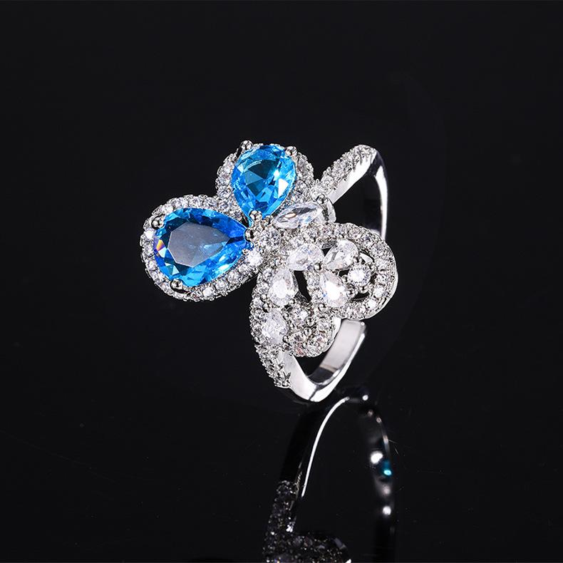 Caibao Deep Sea Sapphire Butterfly Ring for Women Ins Open Mouth Temperament Versatile Niche High End Index Finger Ring
