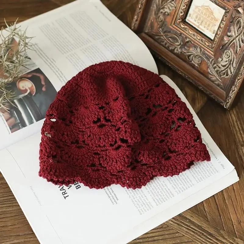 Fashion Solid Color Women Hand-Knitted Hollow Thin Cap Lace Breathable Kerchief Hat Crochet Toe Cap Cotton Thread Hats Gifts