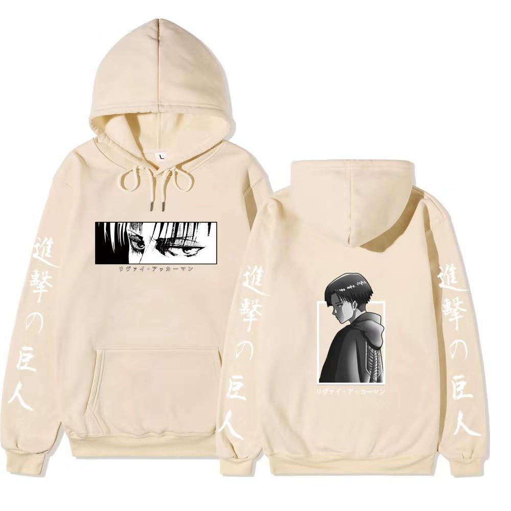 Attack On Titan Levi Ackerman Hoodie Unisex Fleece Sweatshirt Front Manga Eyes Print, Back Levi Portrait, Japanese Sleeve Text Autumn Winter Pullover