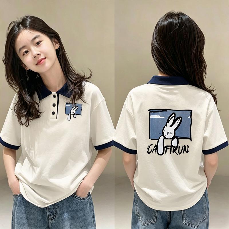 Girls' Stylish Patchwork Cotton Polo Shirt - Summer School Style Short Sleeve Top