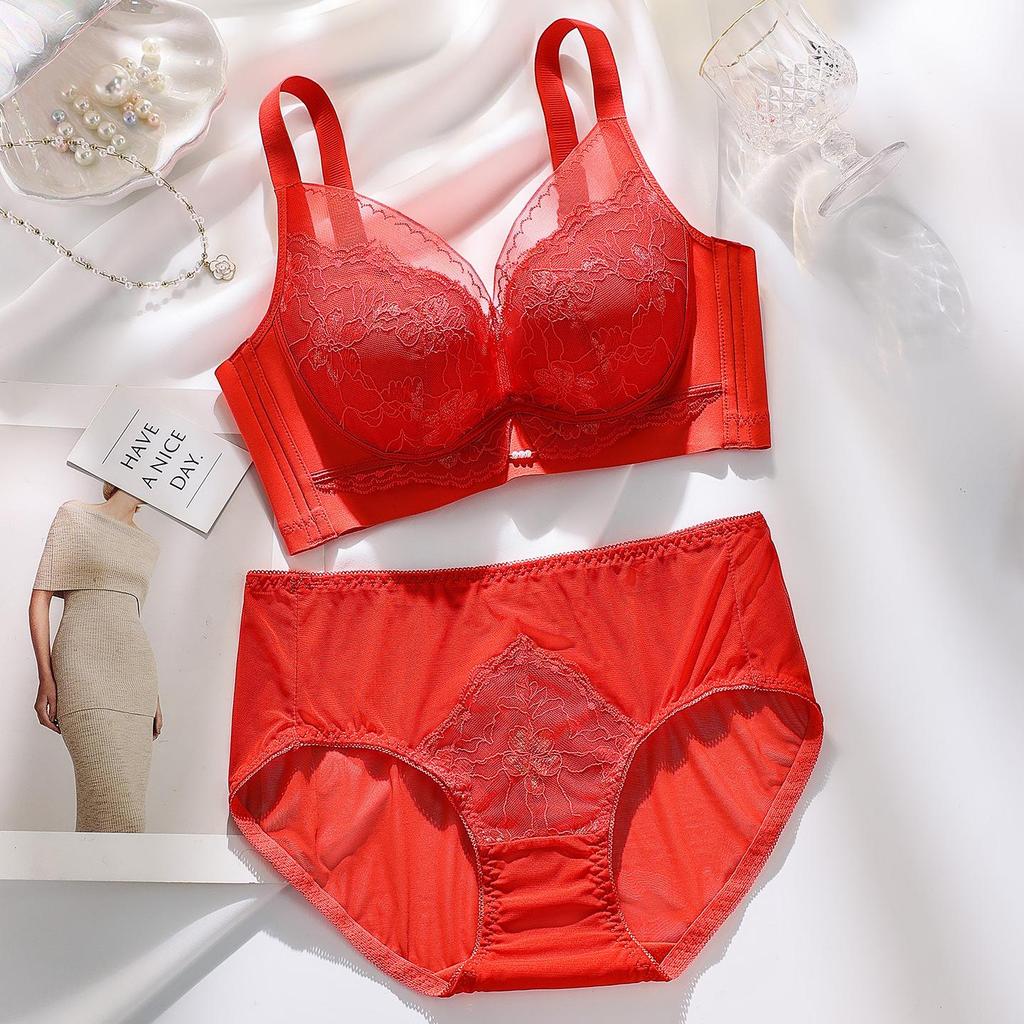 2025 Seamless Red Push-Up Bra & Panty Set: Wirefree, Adjustable, Enhances Small Chest, Comfortable for Women