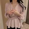 Spring Autumn Temperament White V-neck Chiffon Shirt Women Long Sleeve Waist Lace Up Pullover Blouse Top