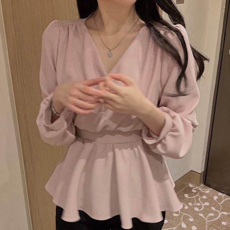 Spring Autumn Temperament White V-neck Chiffon Shirt Women Long Sleeve Waist Lace Up Pullover Blouse Top