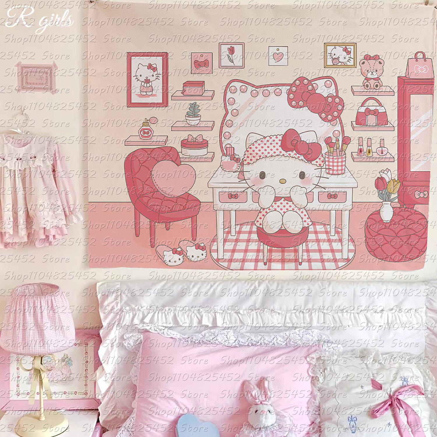 Kawaii Hello Kitty Home Decor Wall Hanging Tapestry Cute Home Decor Tapestry Anime Pink Girl Tapestry Cute Girl Tapestry 100X70CM