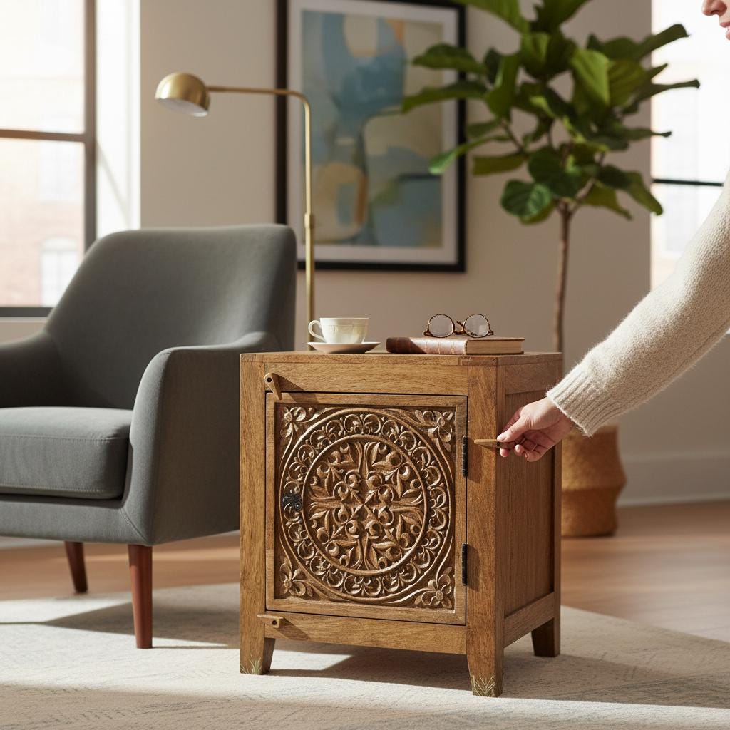 Wood Indian Carved Side Storage Cabinet Bedside Cupboard,Indian Living Nightstand Sideboard Furniture,Kitchen Cabinet Furniture,Desk drawer