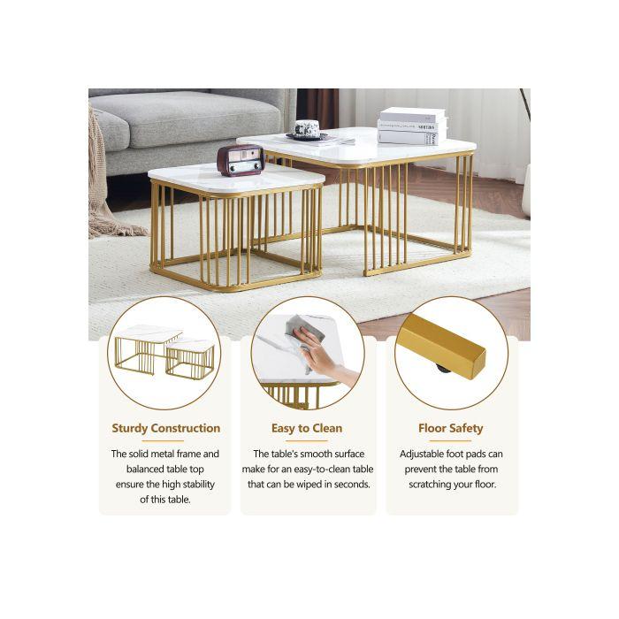 Table basse carrée - MUVOE - Lot de 2 - Marbre brillant - Pieds dorés - 70x70 cm et 50x50 cm