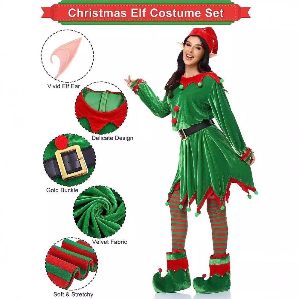 6 Pack Christmas Elf Costume Velvet Xmas Suit Christmas Cosplay Clothing Green Parent-Child Girl Fancy Dress Christmas Cosplay