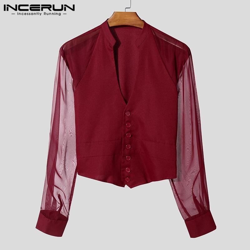 INCERUN Men Deep V Neck Long Sleeve Patchwork Mesh Sheer Buttons Slim Waist Party T-shirts