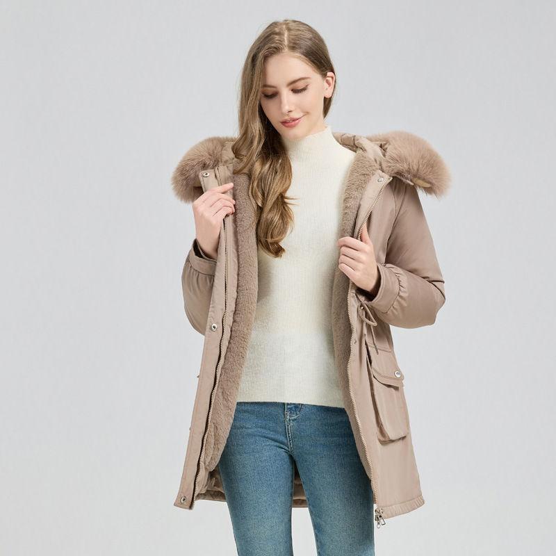 Mid Length Hooded Parka Coat Women's Winter Fur-Lined Coated Warm Cotton Coat