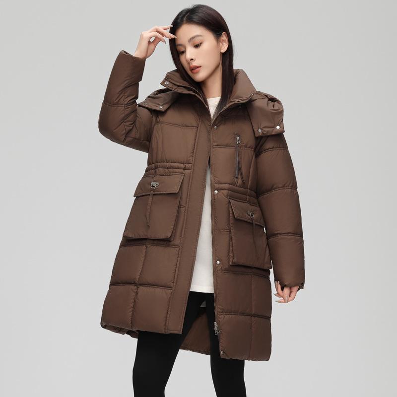 Hooded 2025 cotton jacket women's mid-length fashion tunic temperament padded clothes with large pockets mid-length padded jacket jacket