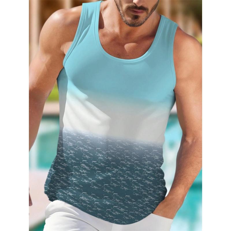 3D Printed Colorful Stripe Gradient Tank Tops For Men Coconut Tree Pattern Tees Summer Loose Street Sport Tops