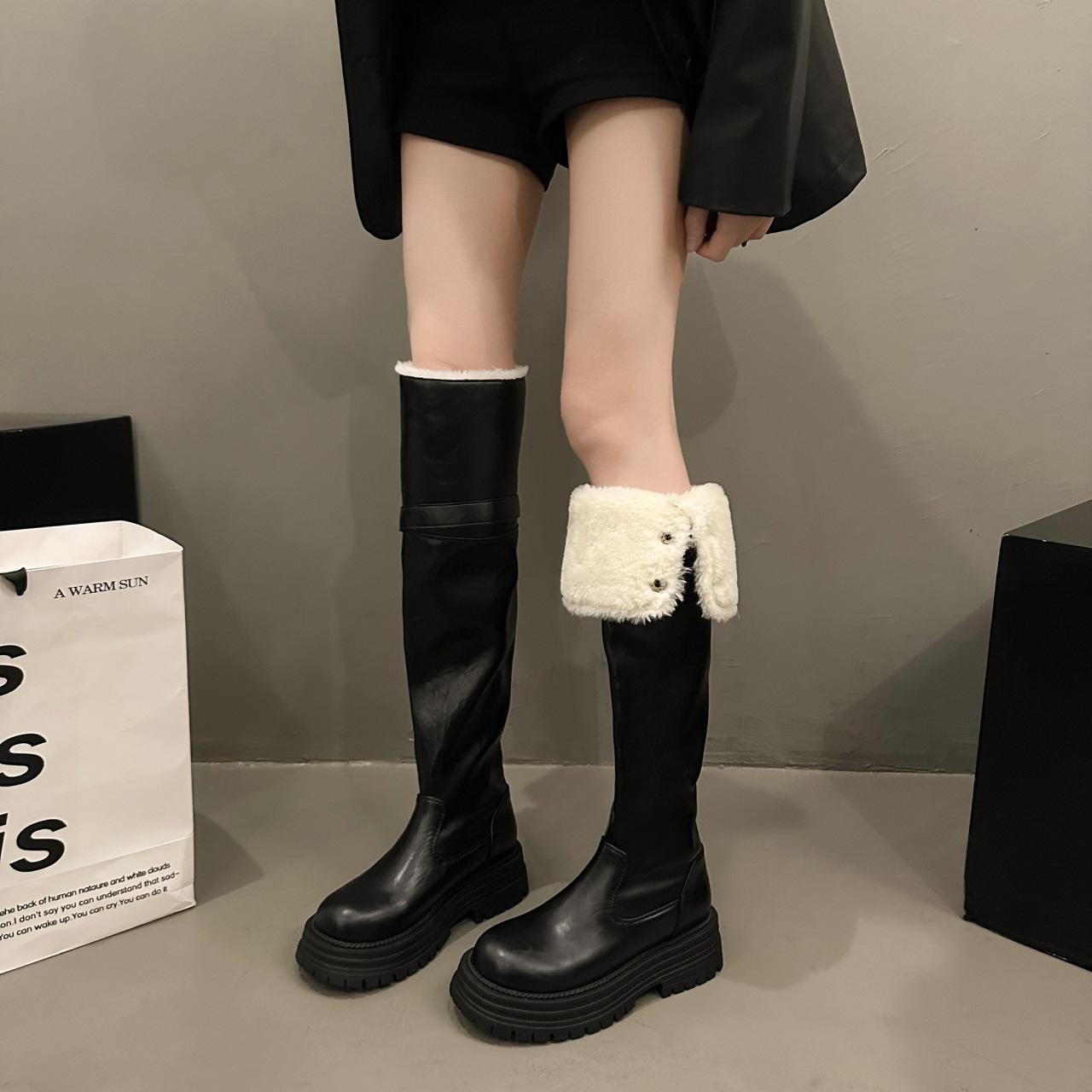 

Сложите два изношенных ботфорта для женщин 2025 новые термоботинки из хлопка с высоким голенищем на толстой подошве, модные темпераментные зимние ботинки для женщин 40 чёрный