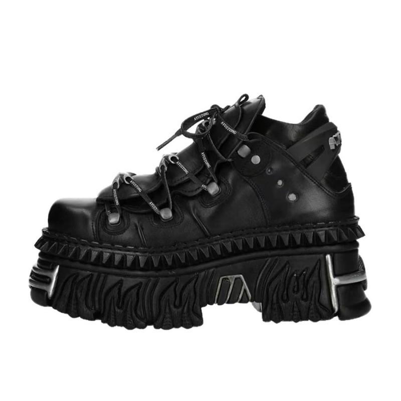 Womens Punk Chunky Sole Low-Cut Ankle Boots With Metal Accents Black Leatherette Platform Shoes
