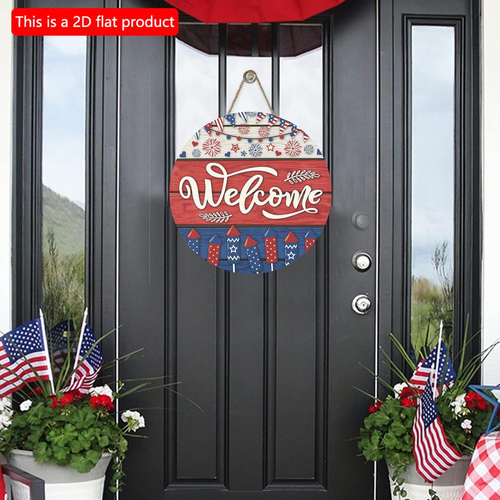 2D Flach 20cm1St. Willkommen Amerikanischer Unabhängigkeitstag Thema Runder Anhänger aus Holz, Buntes Feuerwerk&USA Flaggenmuster feiern Unabhängigkeitsparty