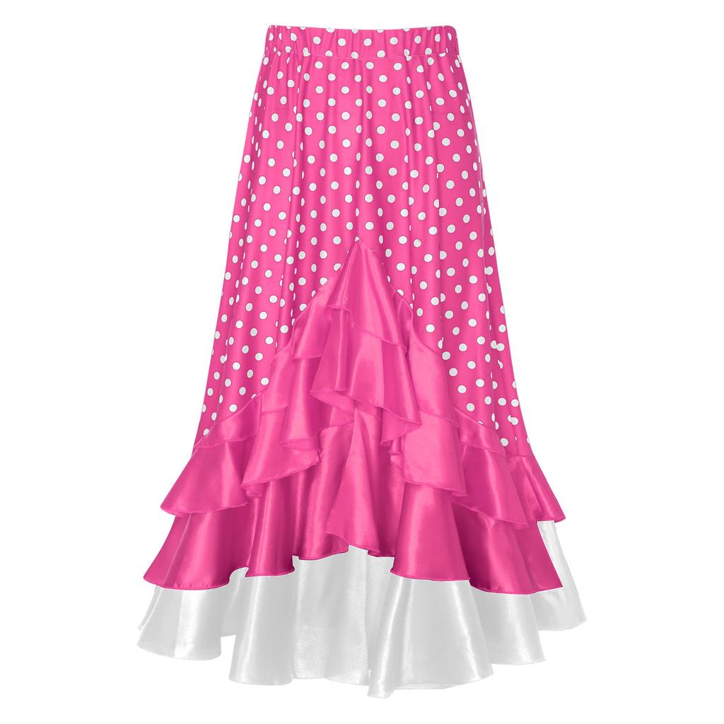 Mädchen Flamenco Tanzrock Pünktchenmuster Rüschenlagen Elastischer Bund Langer Rock Spanisches Bühnenoutfit