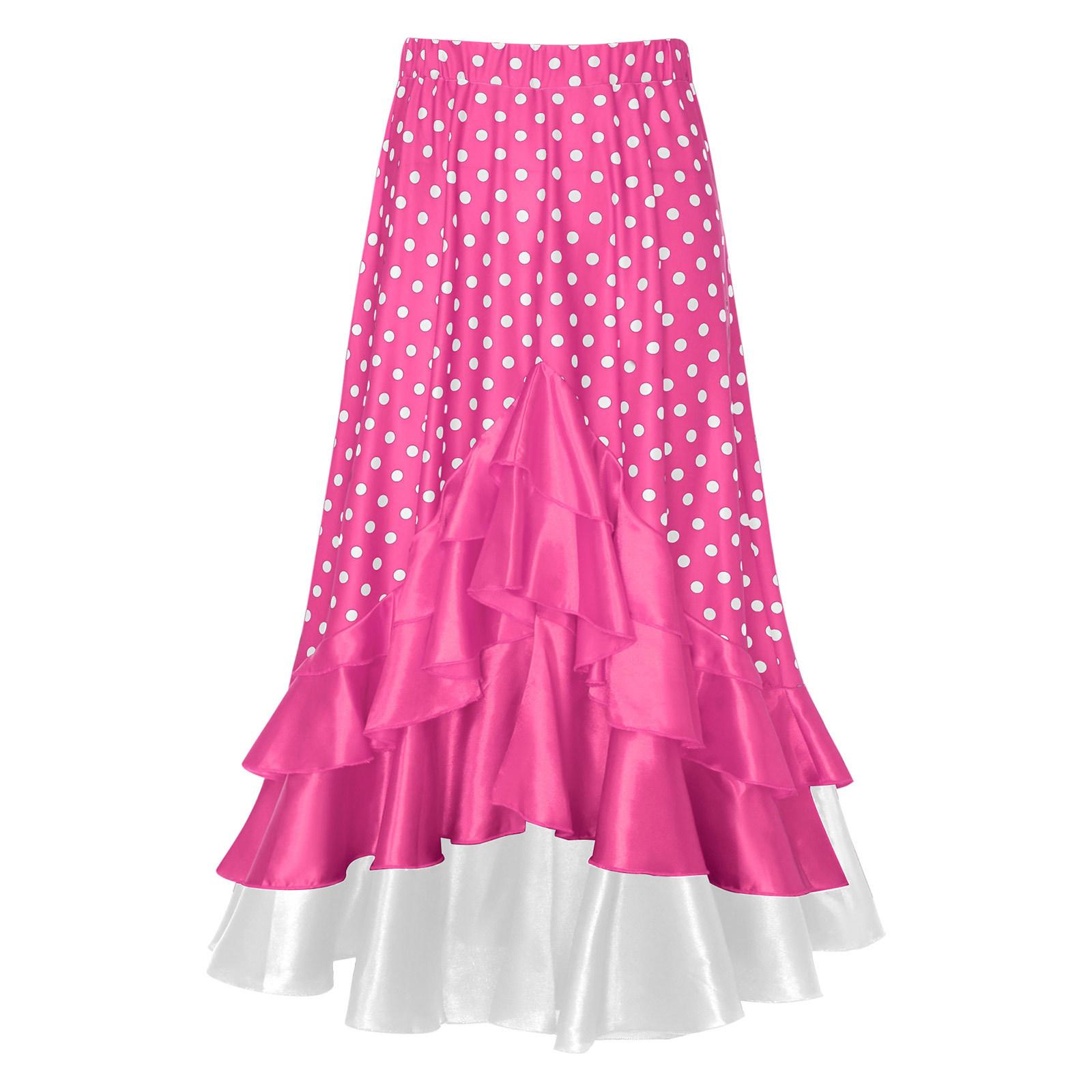 

Спідниця для танцю фламенко для дівчаток, принт у горошок, волани, еластична талія, довга спідниця, іспанський костюм для виступу 15-16 Years гарячі рожевого кольору