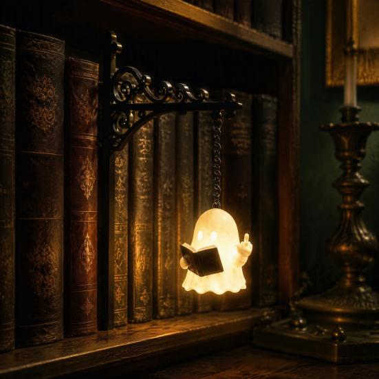 Library Style Ornament Ghost Reading Bookshelf Light, Vintage Metal Book Nook Lamp, Spooky Bookend Lamp Ornament, Warm LED Shelf Light for Lovers