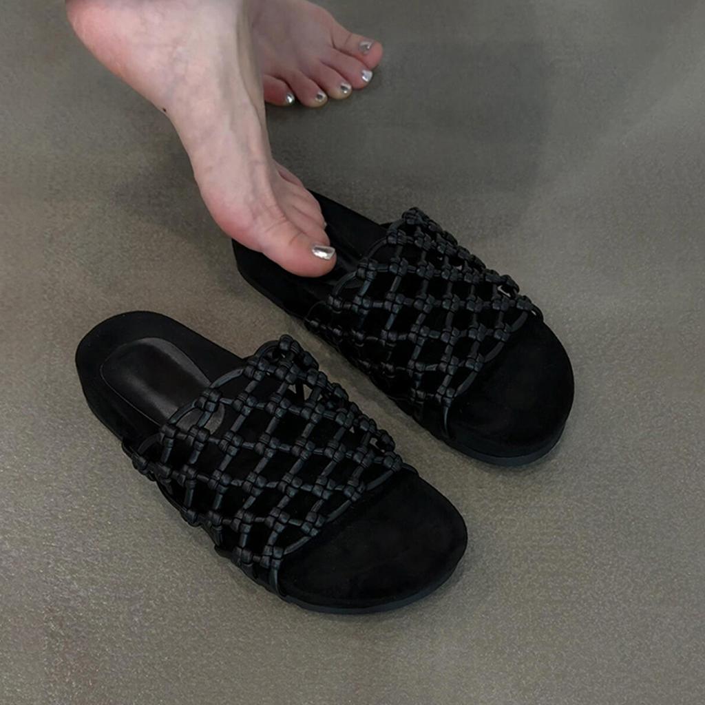 Soft leather version~ hand-woven fishing net hollow thick-soled beach shoes women's versatile casual round toe cool slippers