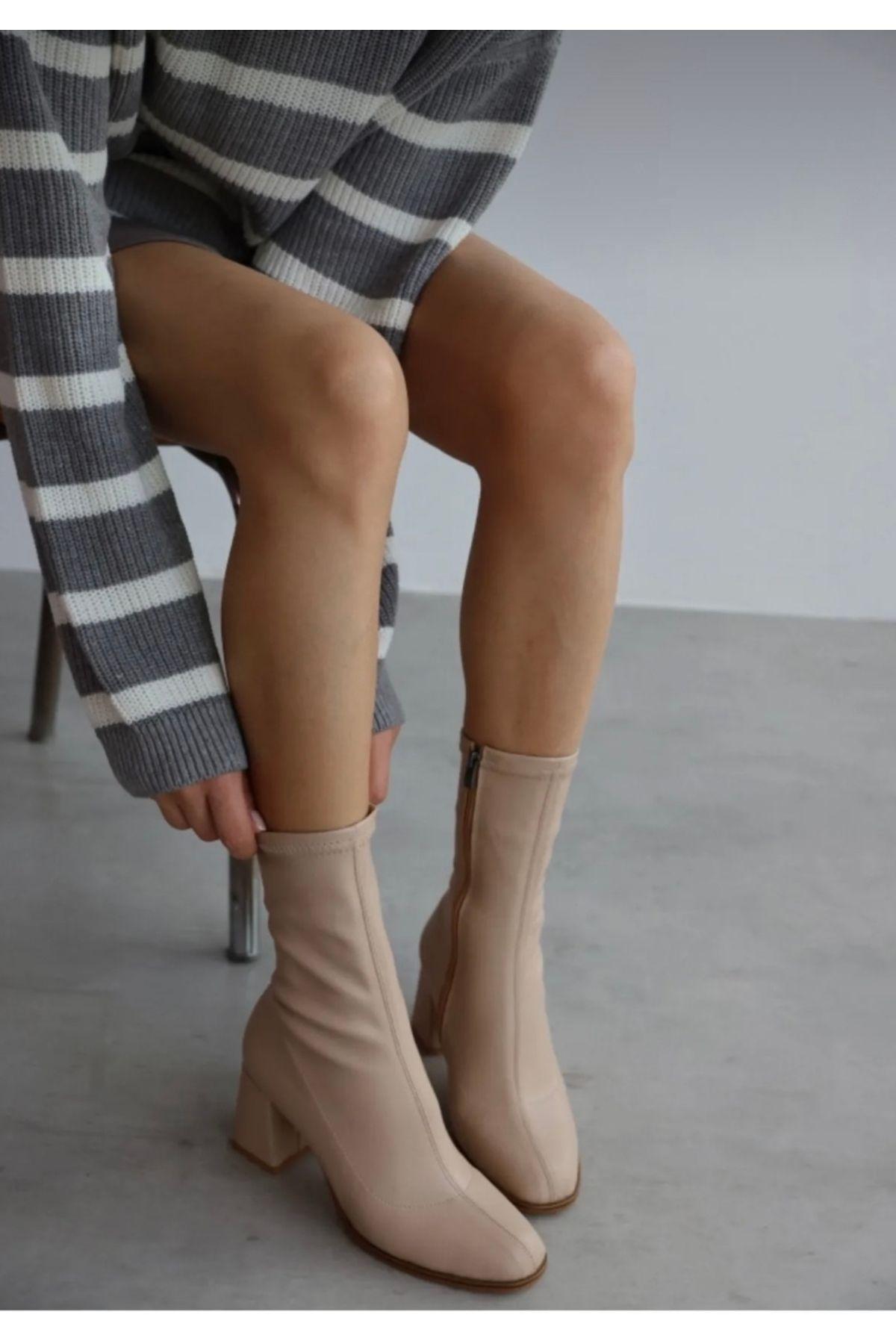 

Women Modern Stylish Fashion Pensa Short Heeled Stretch Boots Beige