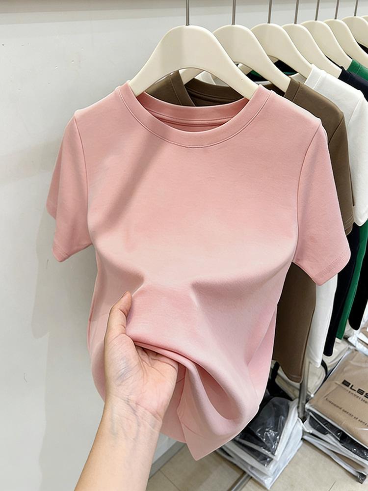 Women's Pure Cotton Short-Sleeve T-Shirt: Straight Shoulder, Stylish, Versatile, Solid Color Base Layer for Spring, Summer, and Autumn.