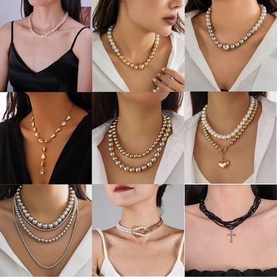 Creative Multi-layer Pearl CCB Sweater Chain Collarbone Chain Temperament Elegant Love-shaped Layer Necklace