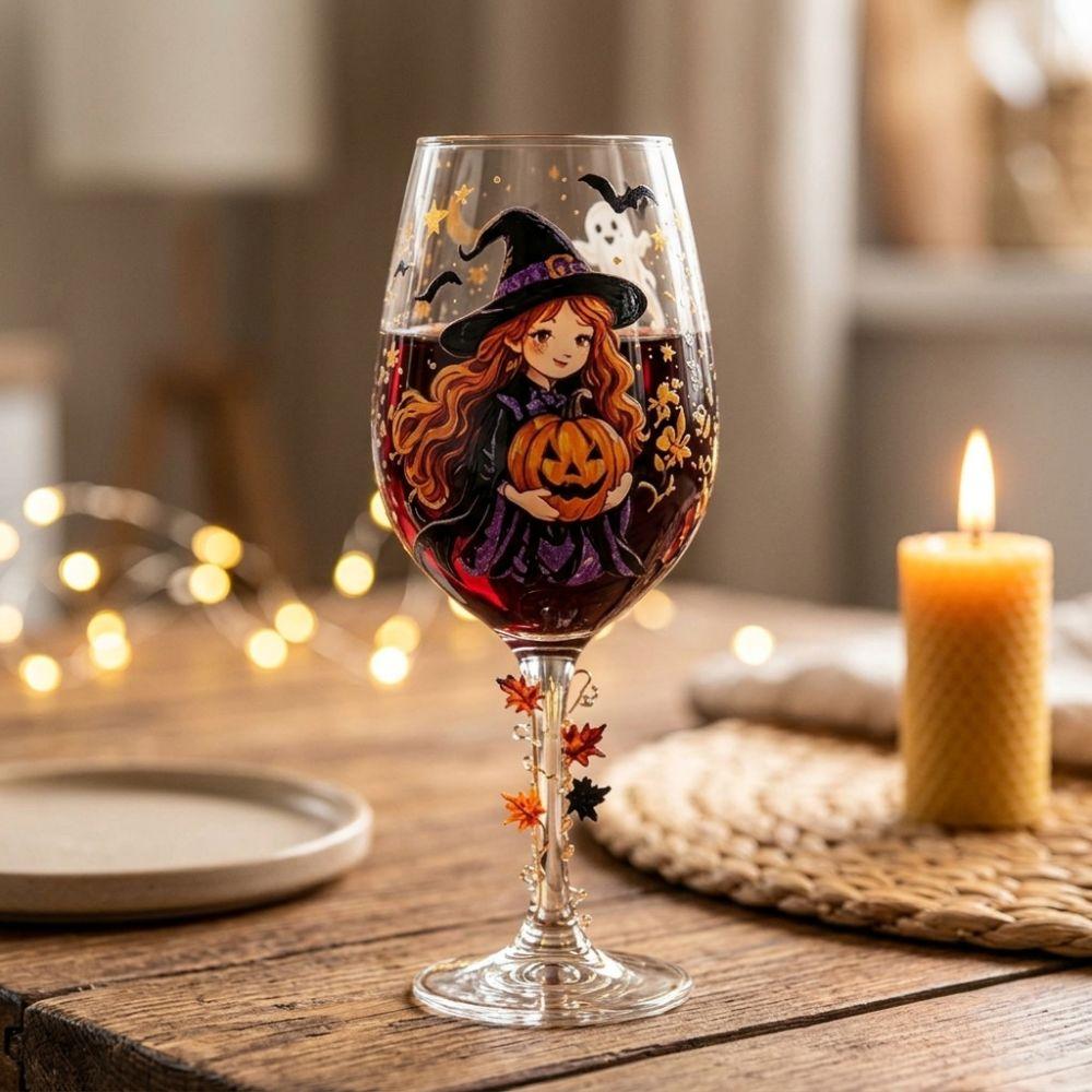 Clear Glass Halloween Painted Wine Glass Large Capacity Floral Maple Water Glass Candlelit Party