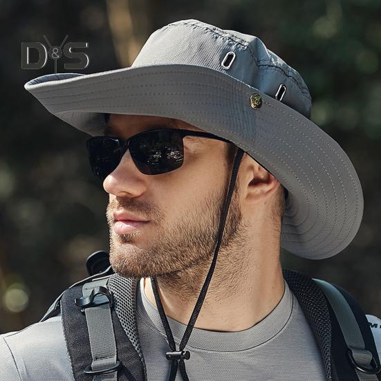 Men Summer Sun Hat Windproof Strap Wide Brim Anti-UV Sun Protection Foldable Portable Gardening Fishing Travel Cap Outdoor Fisherman Hat