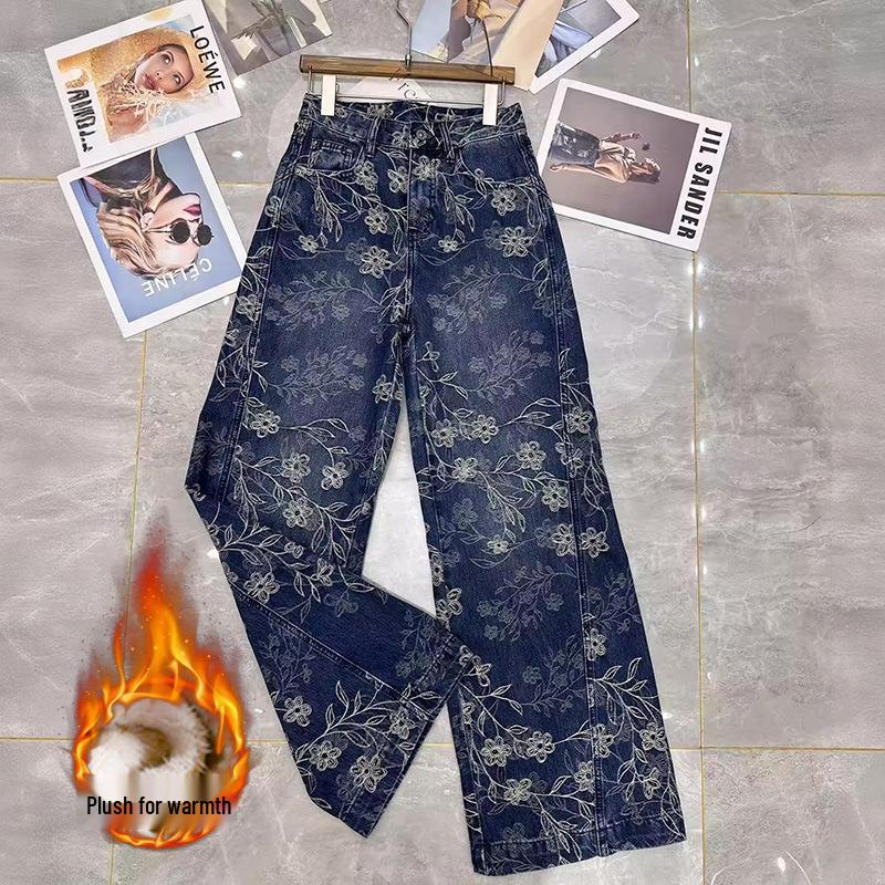 Blue Retro Chic High-Waisted Embroidered Straight-Leg Jeans - Winter 2026 Velvet Plus Niche Fashion