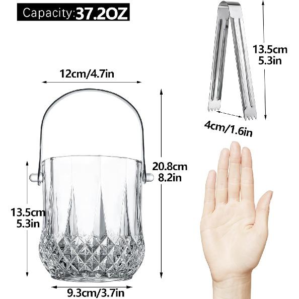 Glass Ice Bucket with Handle and Ice Tong Holds 37oz of Ice Clear Crystal Ice Buckets for Cocktail Bar Wine Home Bar Accessories Parties Clear