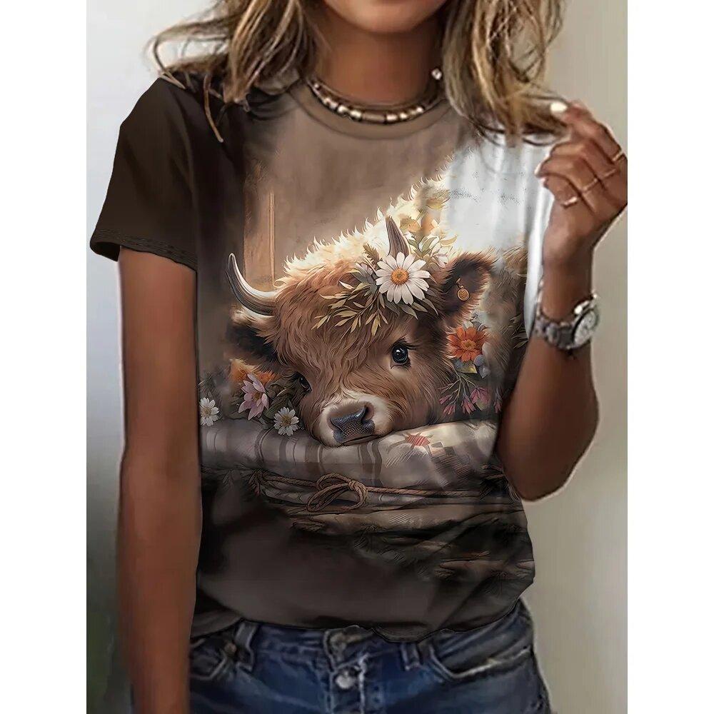 T-shirt Animale Colorata Divertente Carina Creativa Moda Comoda Larga Manica Corta da Donna