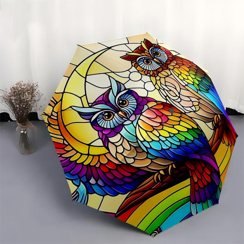 1pc Rainbow Stained Glass Owl Design Automatic Folding Umbrella - Portable 3-Fold Design with 8-Bone Iron Frame, Perfect for Outdoor Use, Festive Gift