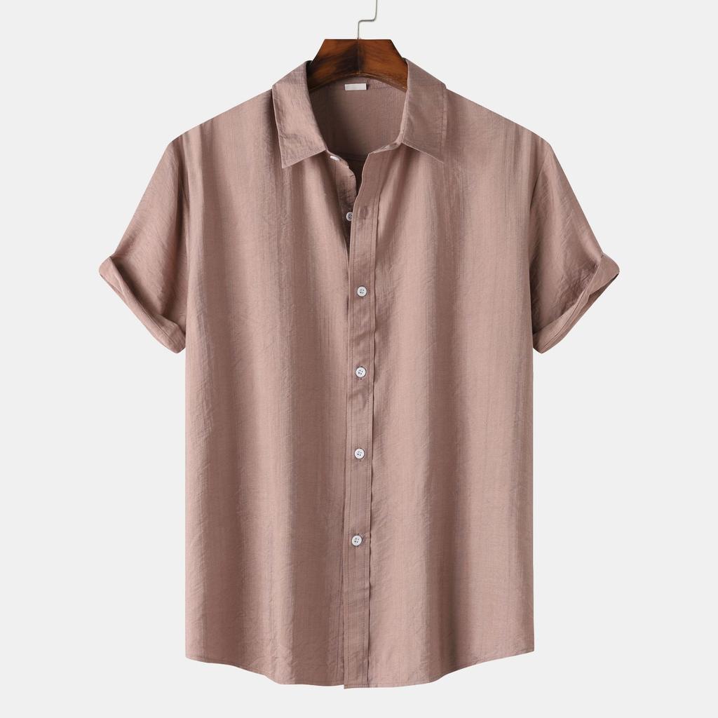 New summer men's plus size shirt teen solid color short-sleeved lapel shirt top men's