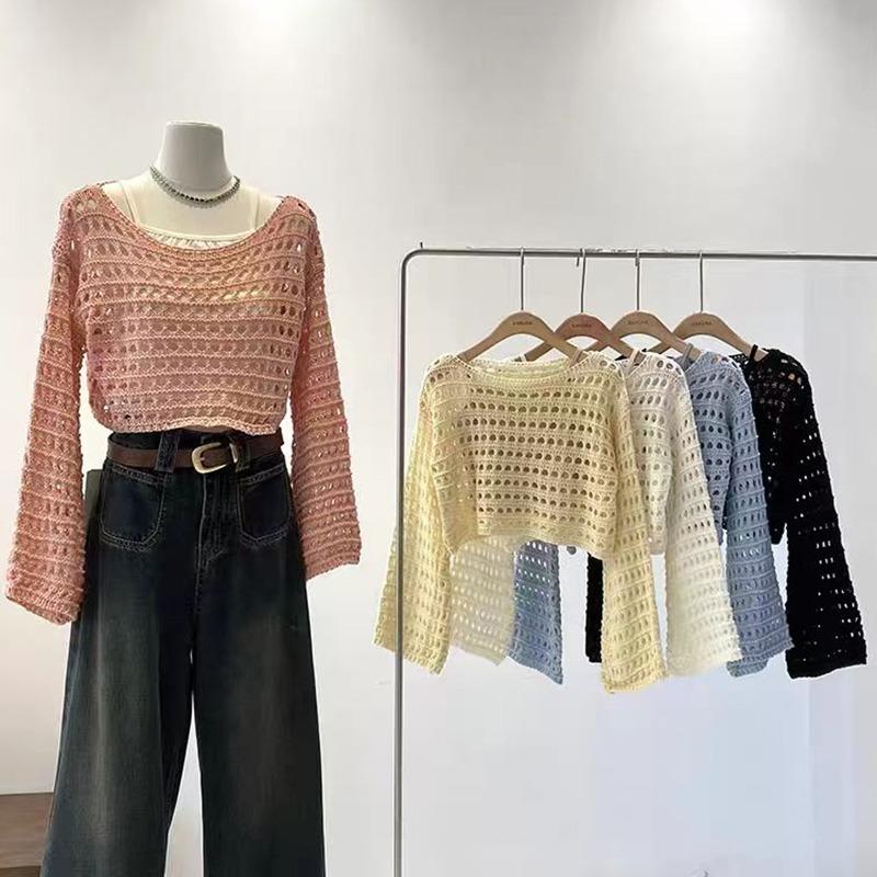 Mode Nouveau Manches Longues Découpe Voir à Travers Chemise Femme Col O Tricot Couverture Haut Court Décontracté Pull Court Ample Protection Solaire Tricot Élégant Haut Court