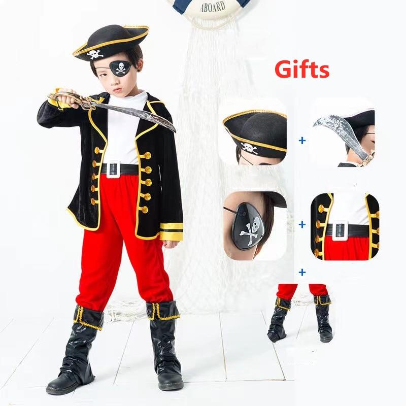 Kids Pirate Costume Carnival Set with Hat, Eye Patch, Boot Covers,Premium Fabric, Red/Black, 9-10 Years, 130-140 cm