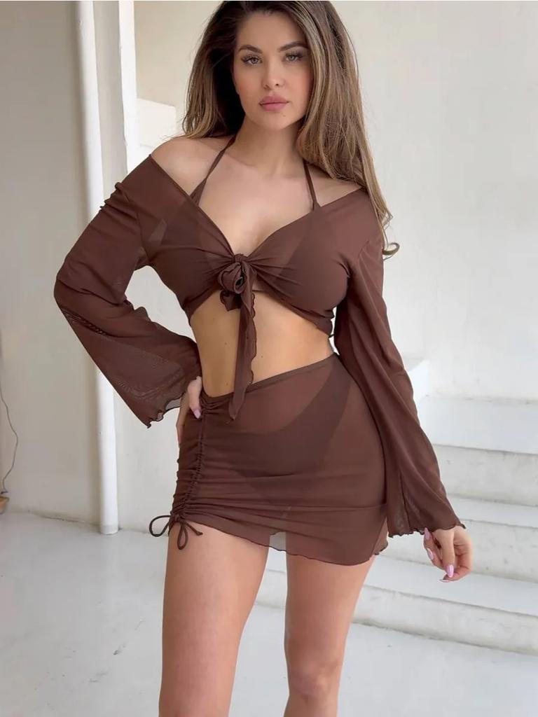 Women's Deep V Neck Bow Tie Bikini Set with Drawstring Skirt Multi Color Two Piece Swimsuit