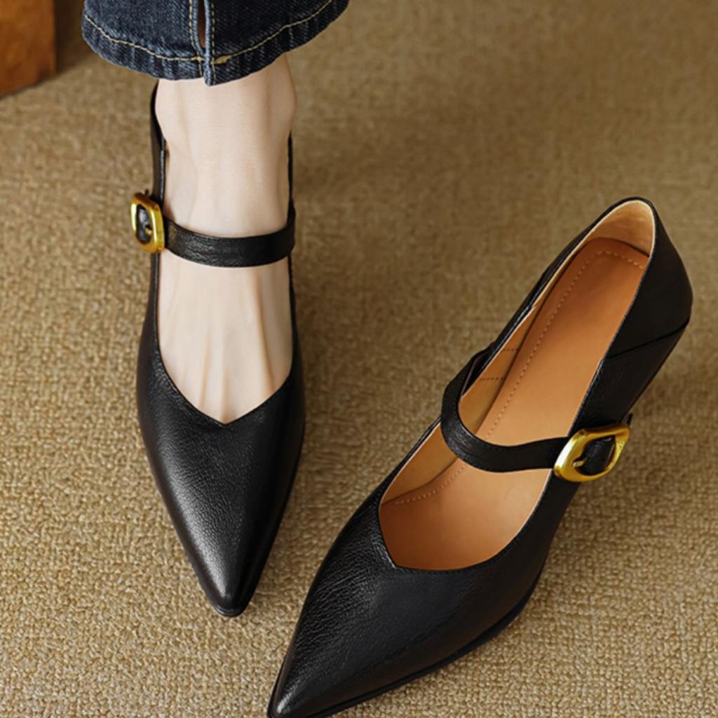 Super soft pointed head shallow mouth Mary Jane fashion single shoes new spring and autumn one-word buckle strap can step on the heel high heels women