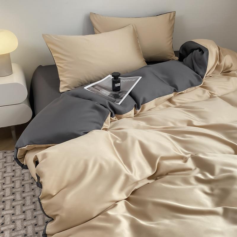 Summer Solid Color Ice Silk Four Piece Set Cool Feeling Bed Sheet Duvet Cover Three Piece Bedding Set For Dormitory Comfortable Bed Linen