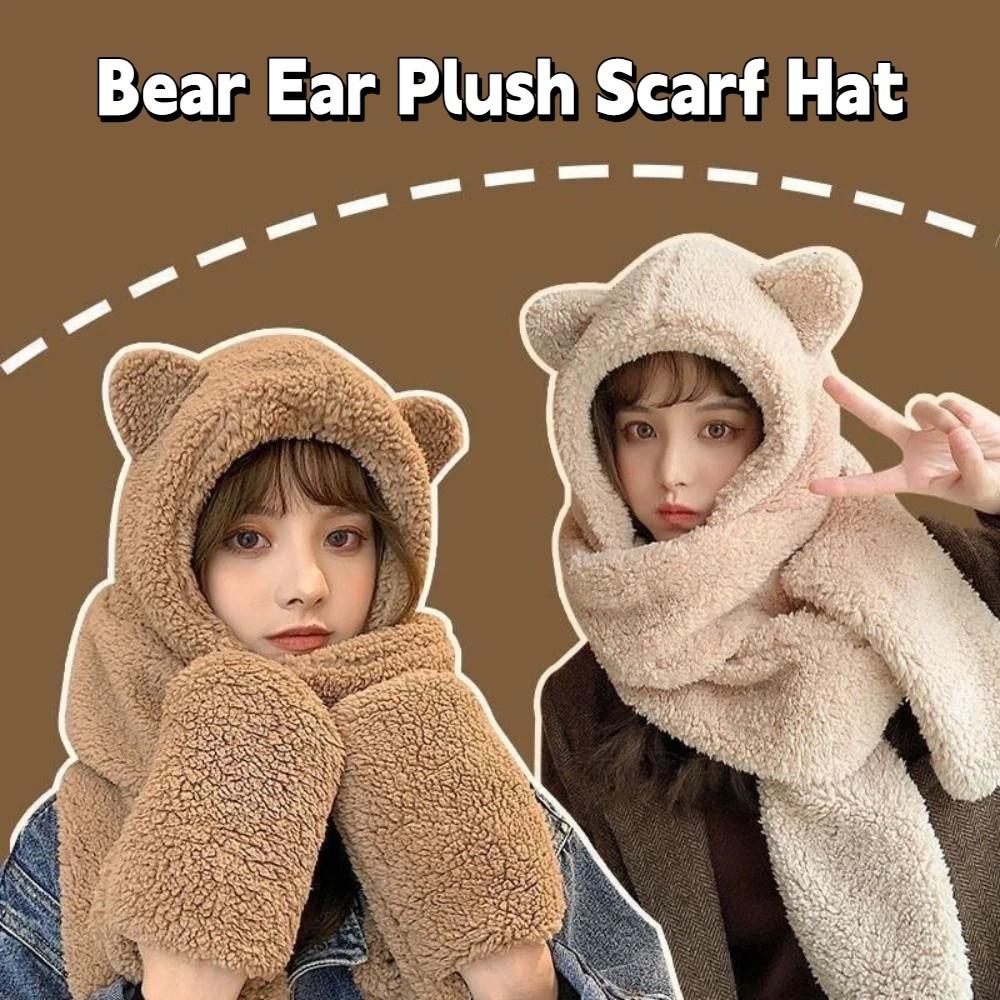 Thickened Plush Scarf Hat Gloves 3 in 1 Fleece Scarves Hat Sweet Bear Ear Plush Beanie  Winter