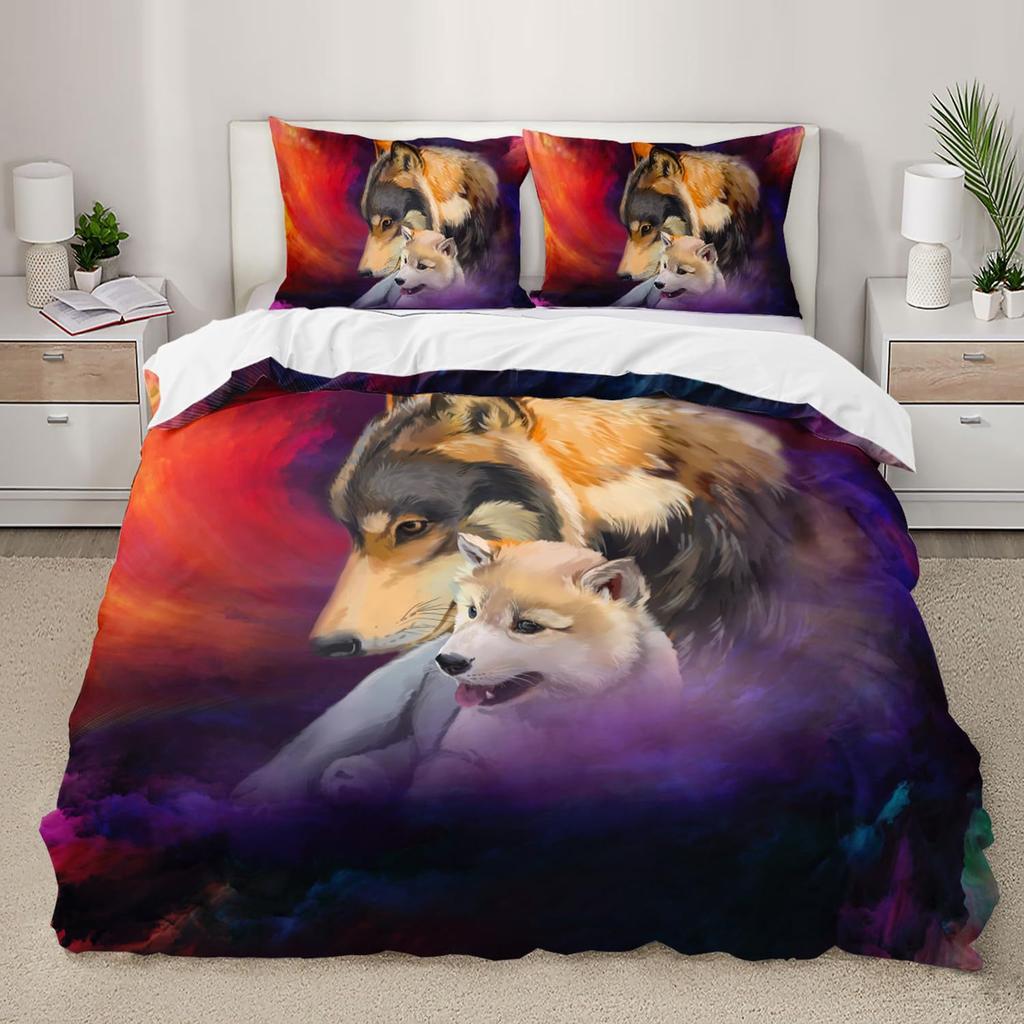 Purple Starry Night Galaxy Wolf Three-Piece Quilt Cover 3D Digital Printing Bedding Set Bed Cover