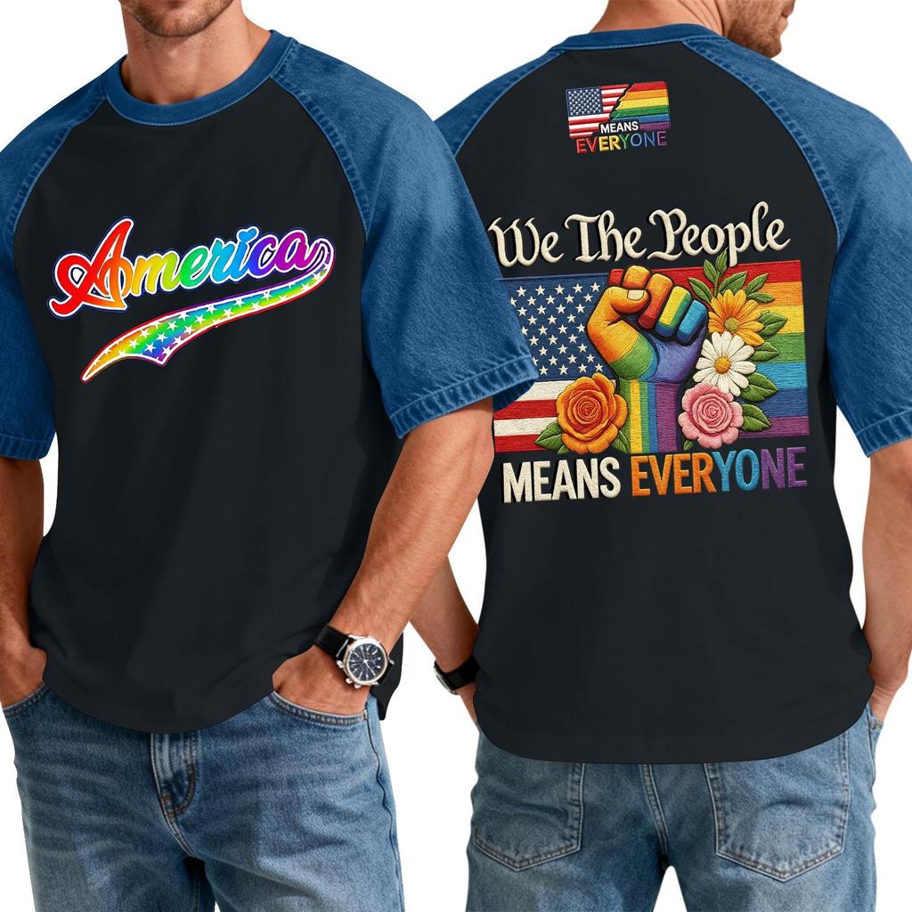 Men's Casual Short Sleeve T-Shirt Denim Patchwork Comfortable Fit Crew Neck Top with Printed Graphic Design Suitable for Everyday Wear