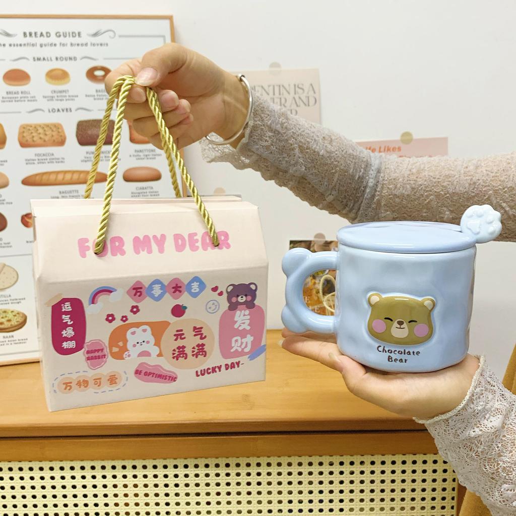 Cute Bear Mug with Lid Spoon High Value Cup Ceramic Couple Water Cup Girls Home Coffee Breakfast Cup