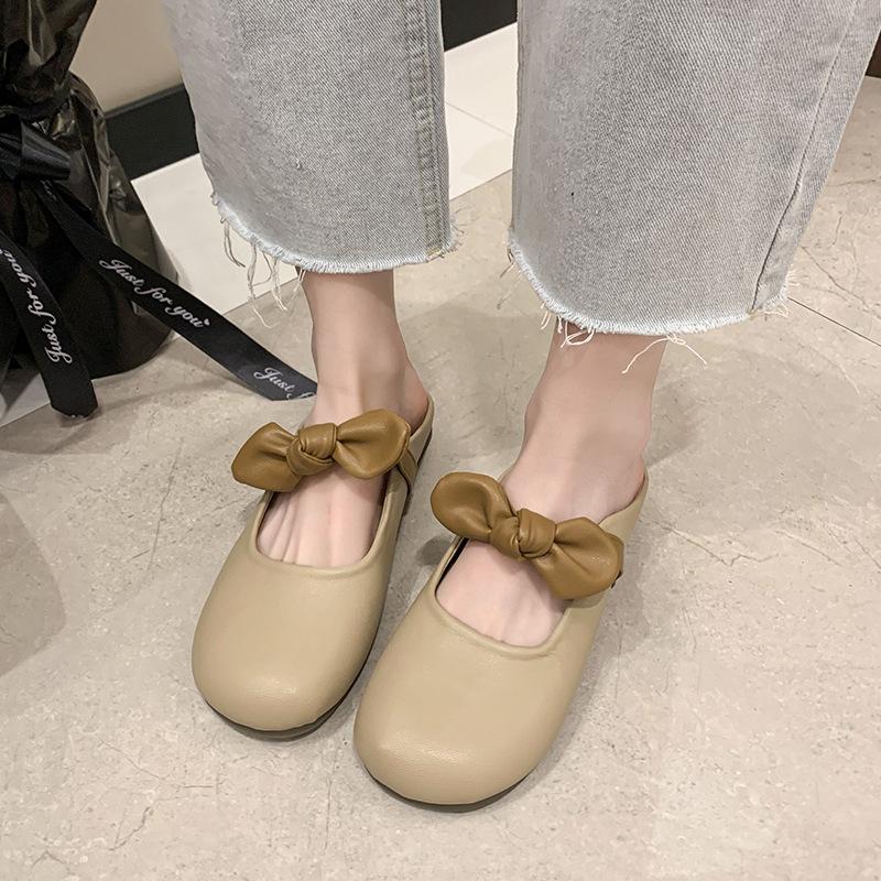 

Баотоу полутапочки женские мягкая подошва для улицы 2025 лето новая плоская подошва нежный бант однопедальные полуподдерживающие одинарные туфли 35