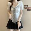 Women's Plus Size Navy Striped Collar Short Sleeve T-Shirt - Summer Versatile Loose Fit, Slimming Fashion Top
