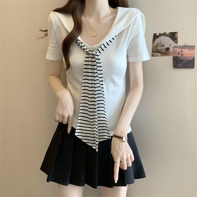 Women's Plus Size Navy Striped Collar Short Sleeve T-Shirt - Summer Versatile Loose Fit, Slimming Fashion Top