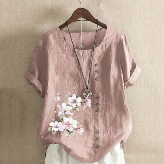 Frauen Shirt Kurzarm Rundhals Knöpfe Dekor Lose Atmungsaktive Streetwear