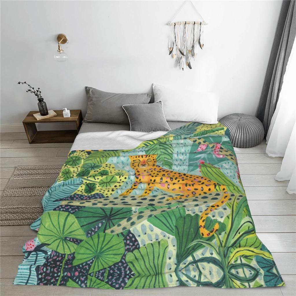 Leopard Jungle Velvet Throw Blanket Bohemian Tropical Plants Blankets for Bed Bedroom Super Warm Bedspread