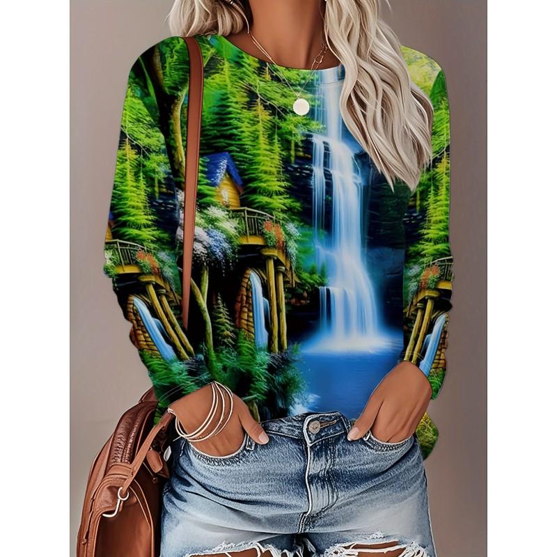 Womens Loose Fit Long Sleeve Round Neck T-Shirt With 3D Dinosaur Christmas Tree Print Milk Silk Fabric