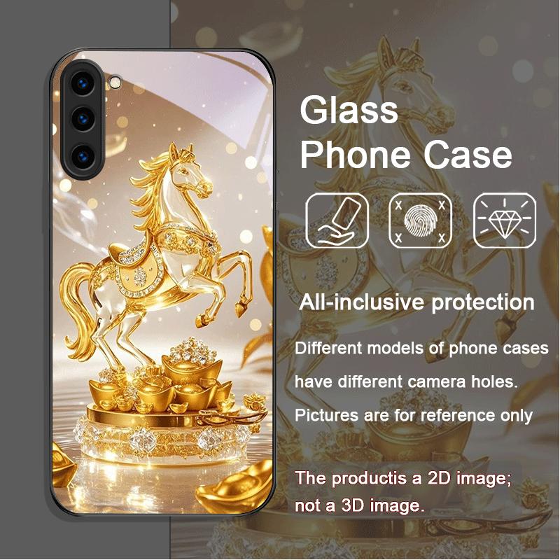 Luxury Crystal Golden Horse Pattern Tempered Glass Phone Case for Samsung Galaxy S25 Ultra S24 S23 Plus S22 S21 S20 FE M55 Cover